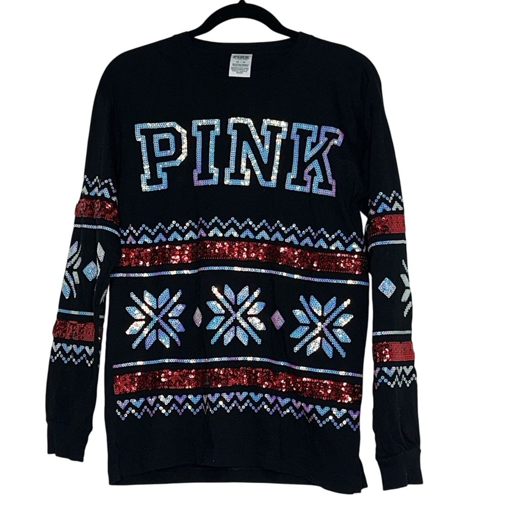 Victoria's Secret PINK BLING Crew Neck Long Sleeve Oversized Shirt XS Swiftie